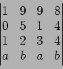 \begin{displaymath}
\begin{vmatrix}
1 & 9 & 9 & 8\\
0 & 5 & 1 & 4\\
1 & 2 & 3 & 4\\
a & b & a & b
\end{vmatrix}
\end{displaymath}